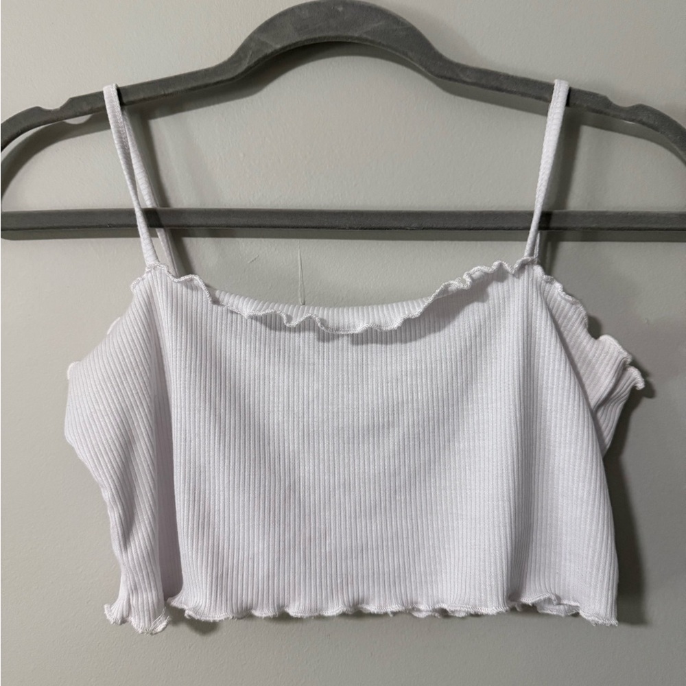 Nasty Gal Ribbed Lettuce Trimmed White Crop Top